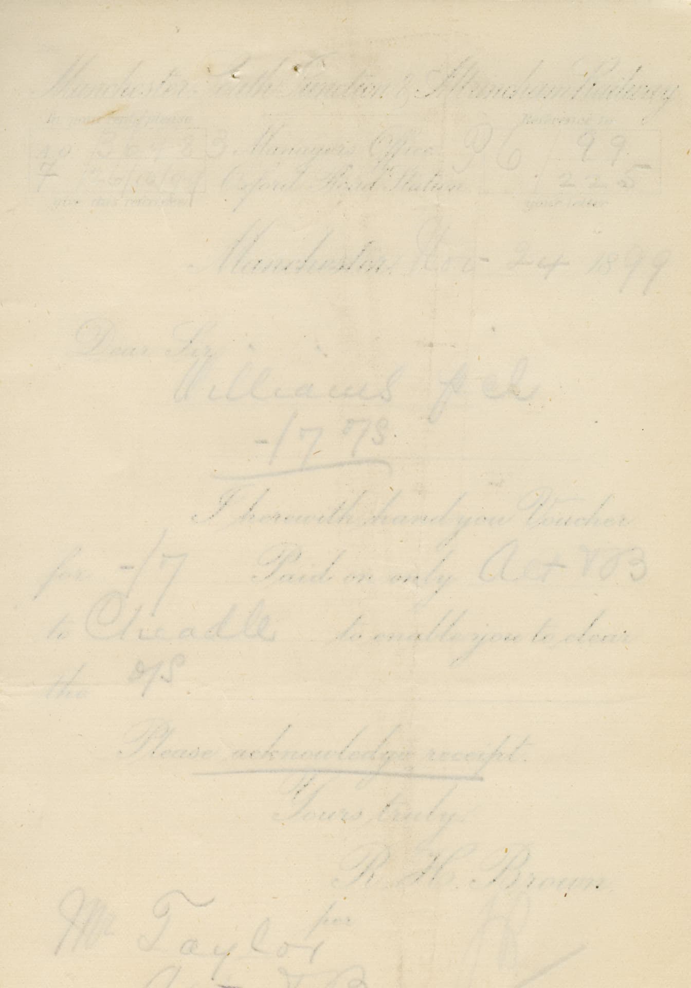 A handwritten 1899 letter from a railway manager's office